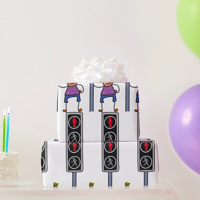 Boy at Pedestrian Crossing with Red Stop Signal Wrapping Paper (Creator Uploaded)