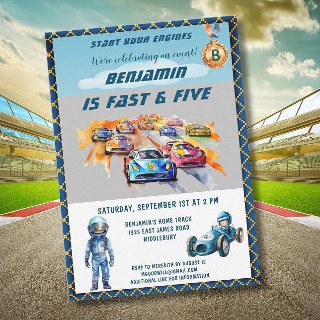 Boy Auto Car Racing Theme 5th Birthday Party Invitation (Creator Uploaded)