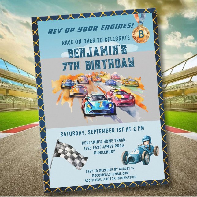 *Boy Auto Car Racing Theme 7th Birthday Party Invitation (Creator Uploaded)