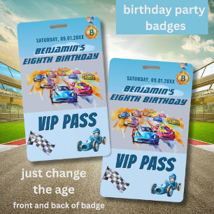 Boy Auto Racing 8th Any Age Birthday Party VIP ID Badge