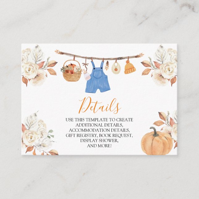 Boy Autumn Clothes Pumpkin Fall Baby Shower Detail Enclosure Card (Front)