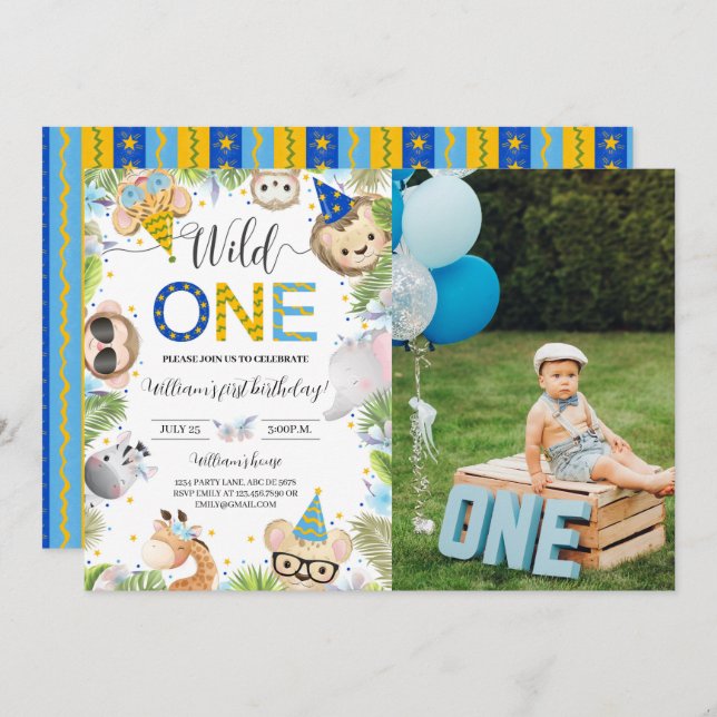 Boy Baby Animals Cute Wild One Photo Invitation (Front/Back)