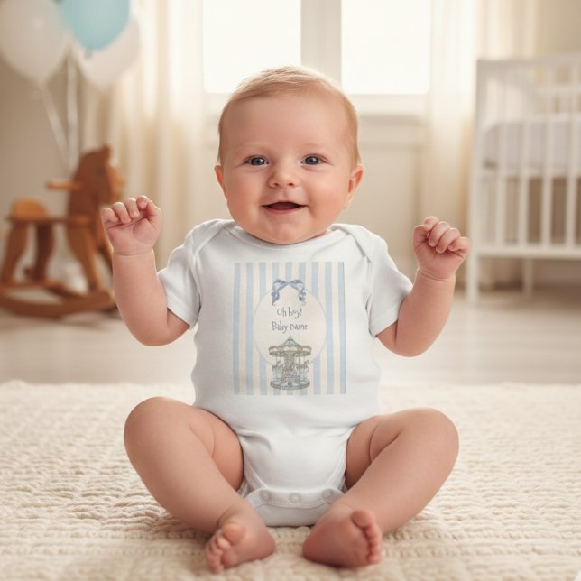  Boy Baby Blue Bow Carousel Watercolor Baby Shower Bodysuit (Creator Uploaded)