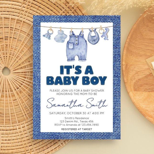 Boy Baby Blue Jean Baby Shower  Invitation (Blue Jean Denim Baby Shower Invitation)