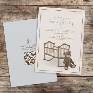 Boy Baby Blue Teddy Bear QR Code Gift Registry  Invitation