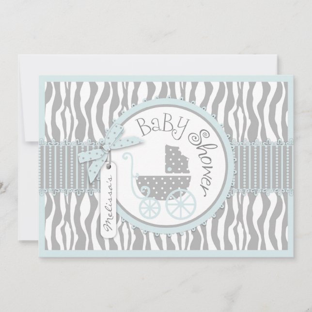 BOY Baby Carriage, Zebra Print & Blue Baby Shower Invitation (Front)