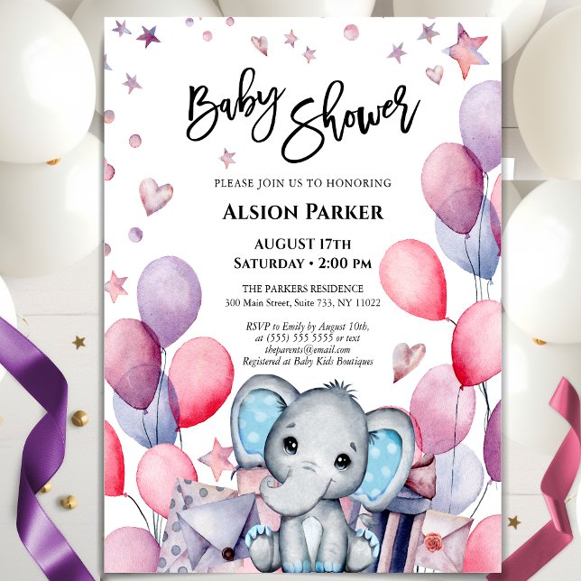 Boy Baby Elephant Blue Balloons Cute Baby Shower Invitation (Creator Uploaded)