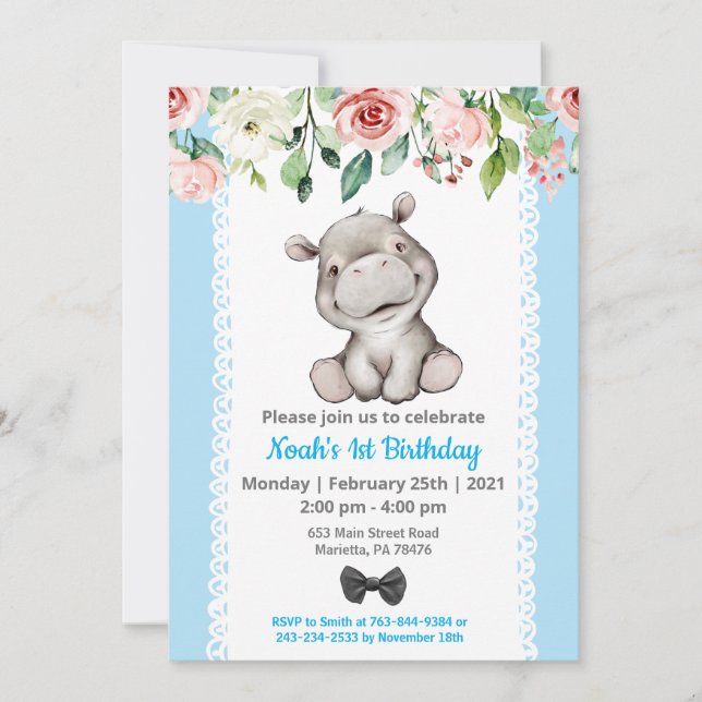 Boy Baby Hippo Birthday Party Invitation (Front)