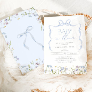 Boy Baby in Bloom Blue Bow floral baby shower Invitation