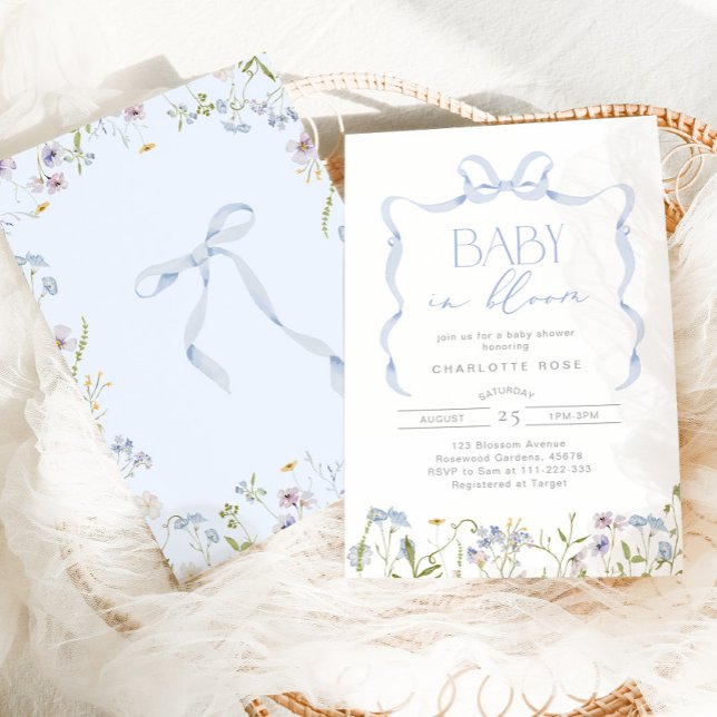 Boy Baby in Bloom Blue Bow floral baby shower Invitation (Creator Uploaded)
