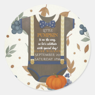 Boy baby shower autum fall blue burlap bodysuit  classic round sticker