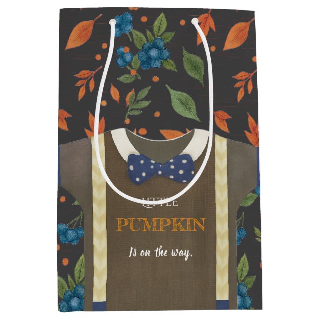 Boy baby shower autum fall blue burlap bodysuit  medium gift bag (Front)