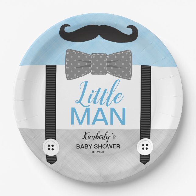 Boy baby shower baby blue gray little man theme paper plate (Front)