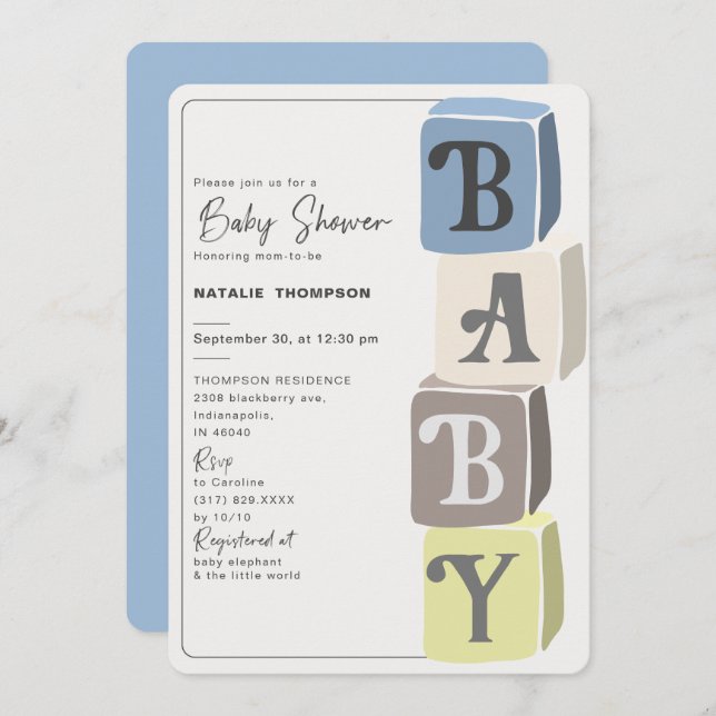 Boy Baby Shower Blocks Blue Invitation (Front/Back)