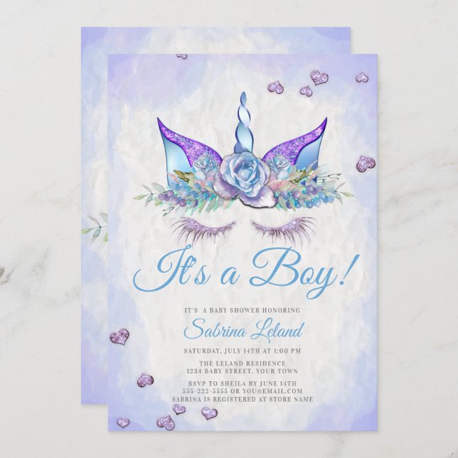 Boy Baby Shower Blue Fantasy Sleeping Unicorn Invitation (Front/Back)