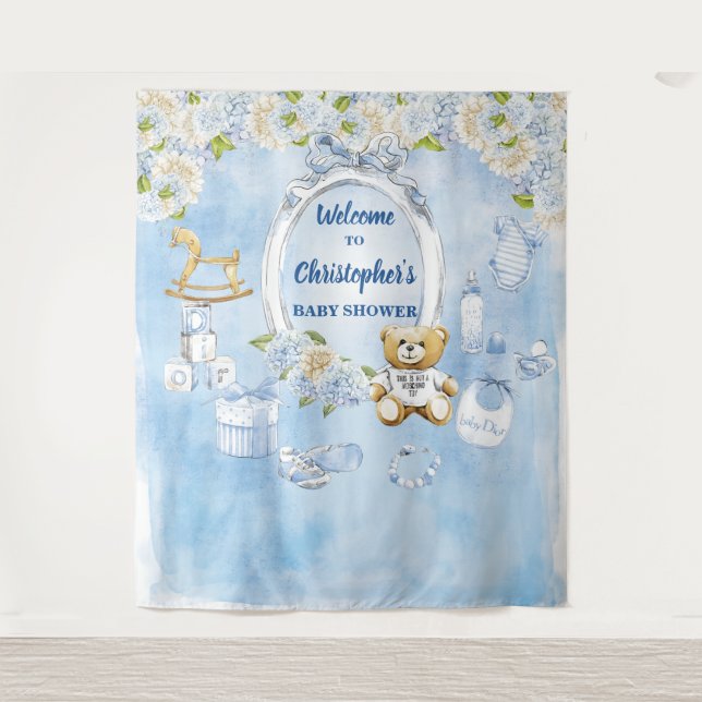 Boy Baby Shower Blue Flowers Teddy Bear Backdrop Tapestry (Front)