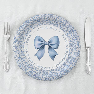 Boy Baby Shower Bow Blue and White Floral Pattern Paper Plate