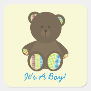 Boy Baby Shower Brown Stuffed Bear Boho Dots Square Sticker