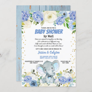 Boy baby shower by mail Blue elephant rose flower Invitation
