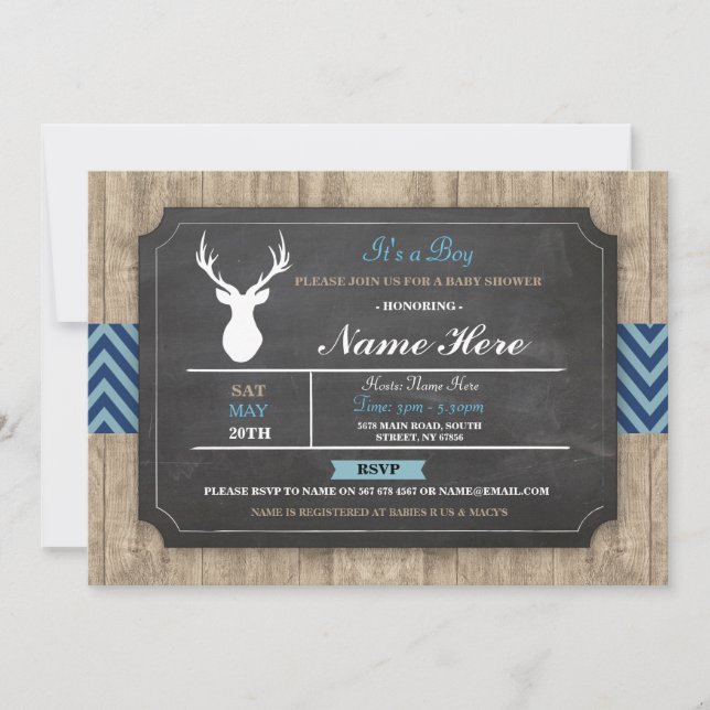 Boy Baby Shower Chalk Rustic Antler Stag Invite (Front)