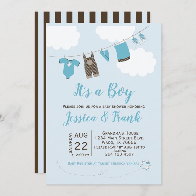 Boy Baby Shower Clothes Line Invitation (Front/Back)