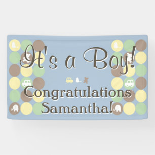Boy Baby Shower Custom Printed Blue Brown Dots Banner