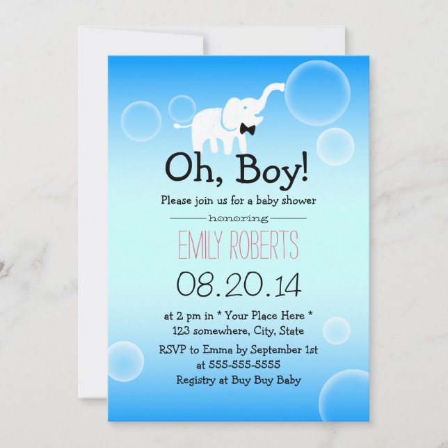Boy Baby Shower Cute Elephant & Bubbles Invitation (Front)