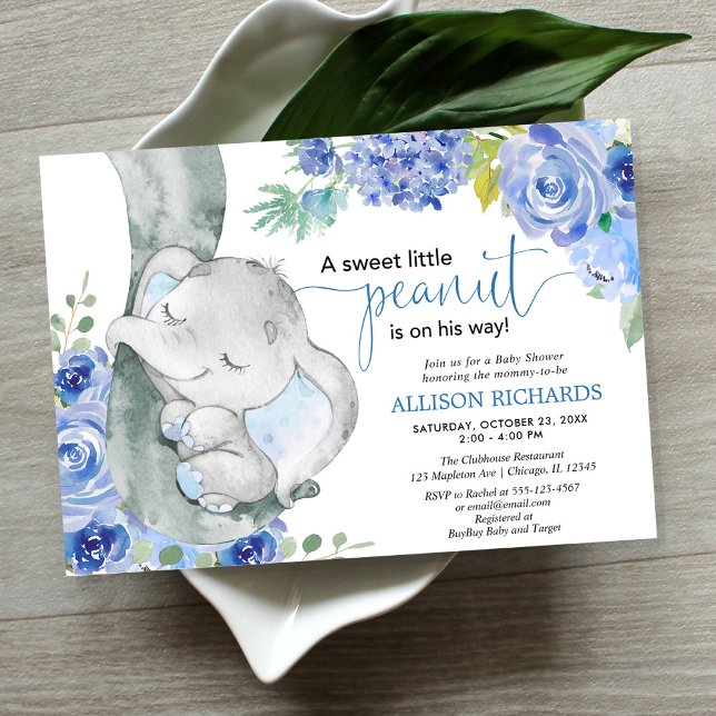 Boy baby shower, elephant floral blue watercolors invitation (Creator Uploaded)