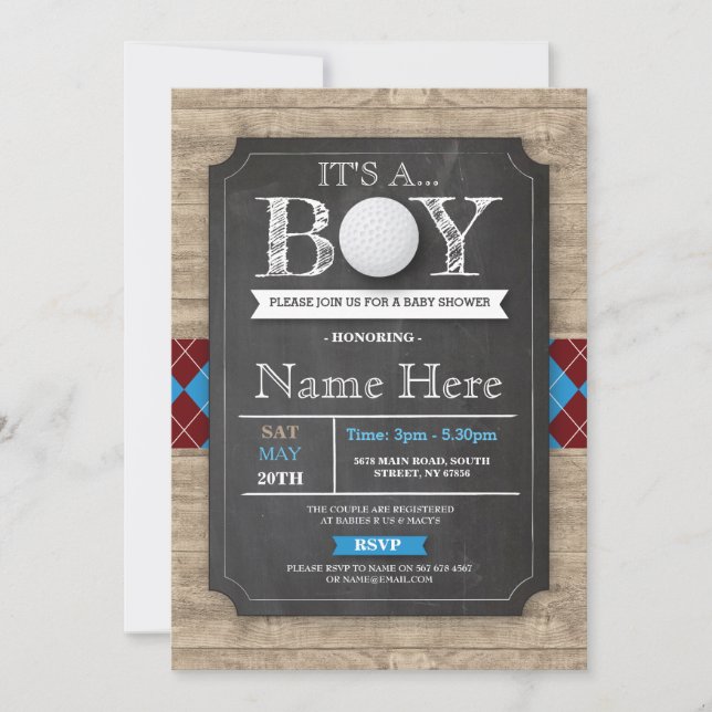 Boy Baby Shower Golf Ball Argyle Chalk Invite (Front)