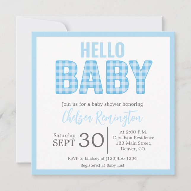 Boy Baby Shower Invitation - Blue Gingham (Front)