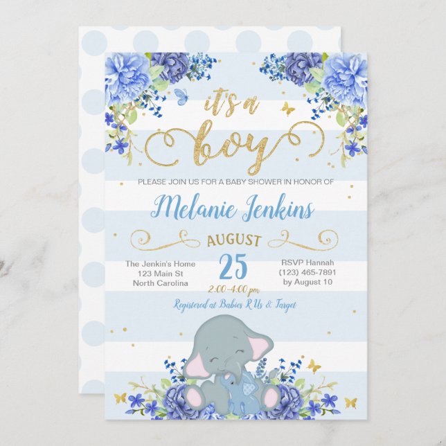 Boy Baby Shower Invitation, Elephant Baby Shower Invitation (Front/Back)