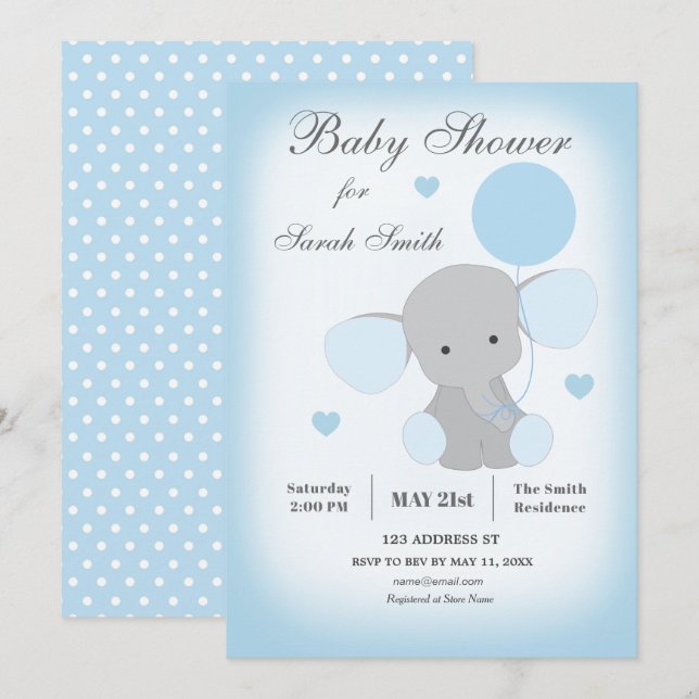 Boy Baby Shower Invitation Elephant Blue (Front/Back)