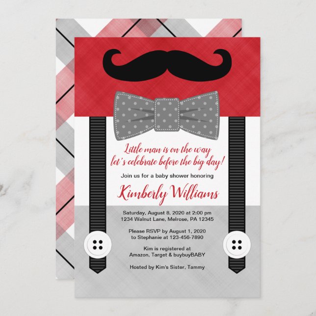 boy baby shower invitation little man red grey (Front/Back)