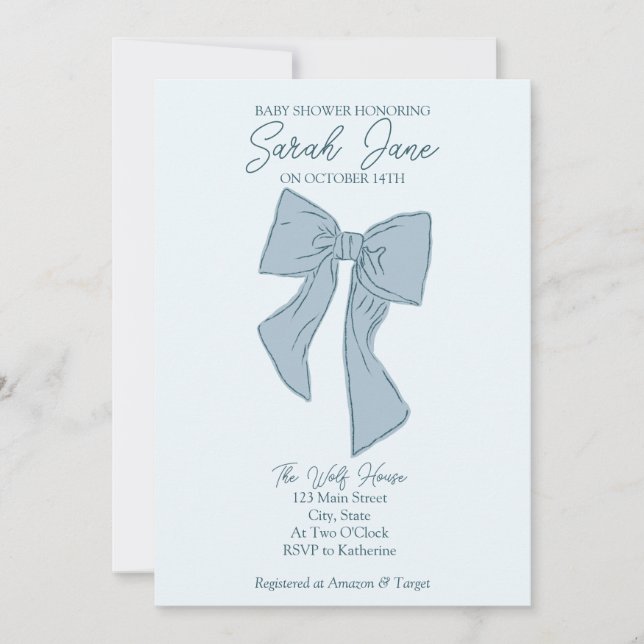 Boy Baby shower invitation with a bow  (Front)