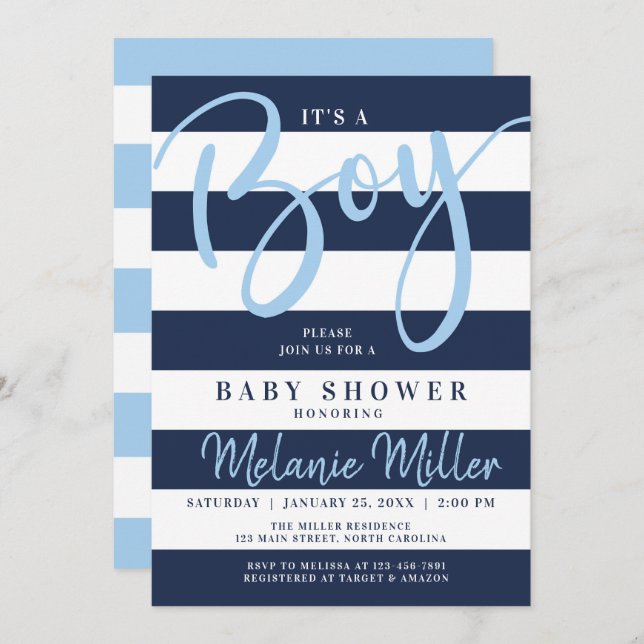 Boy Baby Shower Invitations, Navy Blue Stripes Invitation (Front/Back)