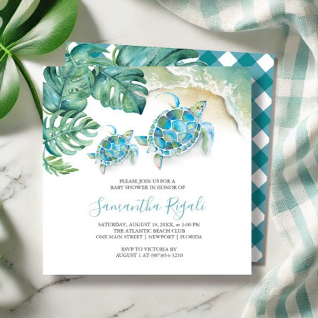 Boy Baby Shower Invitations Tropical Watercolor (boy baby shower watercolor sea turtle tropical beach art by Victoria Grigaliunas Do Tell A Belle)