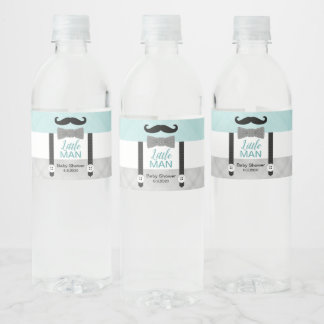 Boy baby shower little man moustache mint grey water bottle label