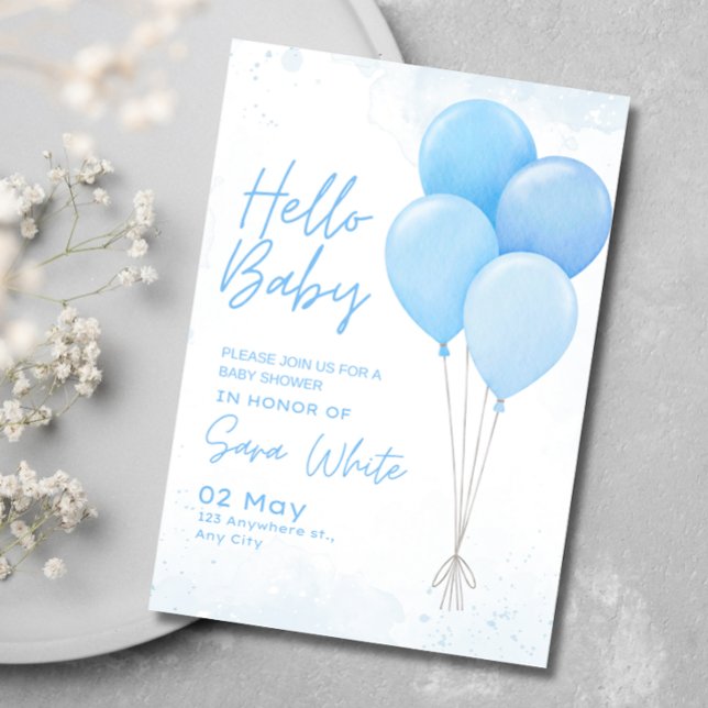 Boy Baby Shower Modern Minimalist Blue Balloon Invitation (Creator Uploaded)