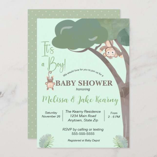 BOY BABY SHOWER, MONKEY BABY SHOWER INVITATION (Front/Back)