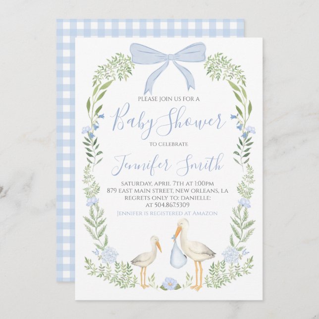 Boy Baby Shower Preppy Southern Blue Stork Invitation (Front/Back)