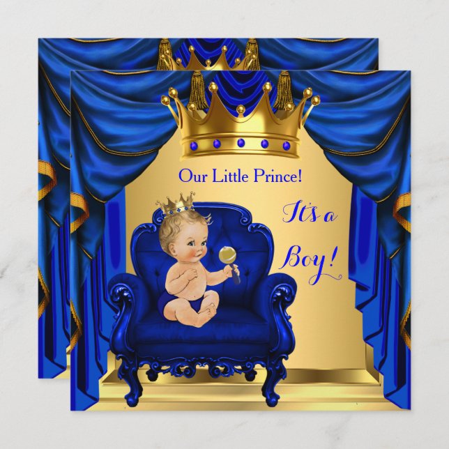 Boy Baby Shower Prince Royal Blue Gold Blonde Invitation (Front/Back)
