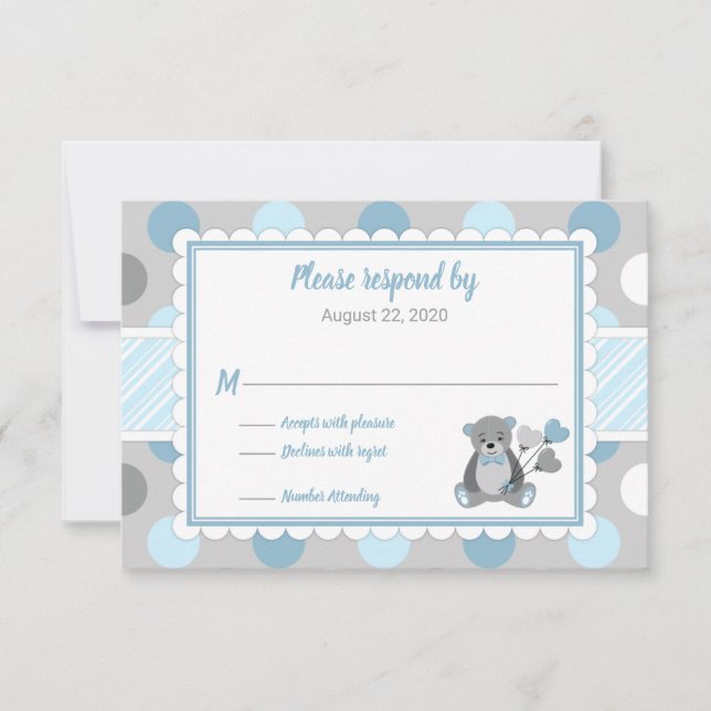 Boy baby shower RSVP card blue grey teddy bear (Front)