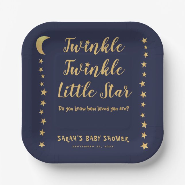 Boy Baby Shower Twinkle Little Star Navy Blue Gold Paper Plate (Front)