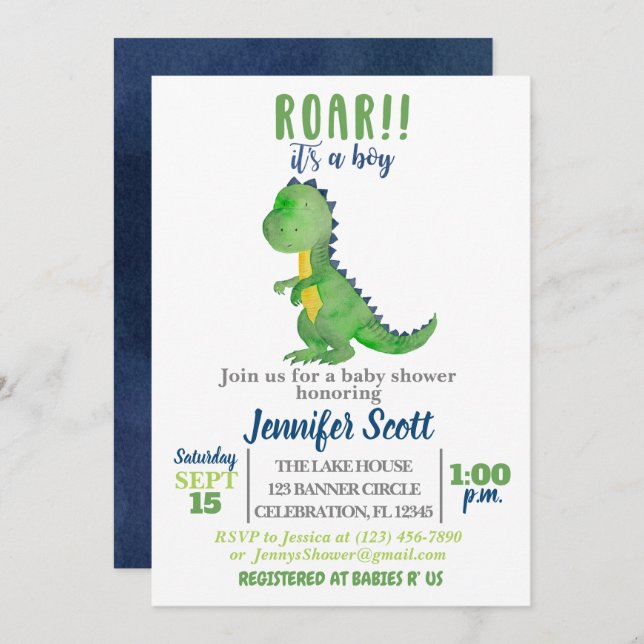 Boy Baby Shower Watercolor Dinosaur Invitation (Front/Back)