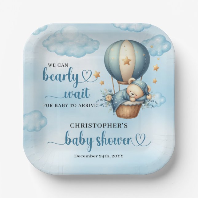 Boy Baby Shower we can bearly wait hot air balloon Paper Plate (Front)