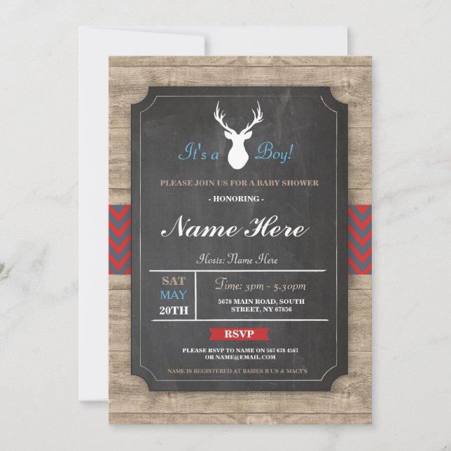 Boy Baby Shower Wood Rustic Antler Stag Invite (Front)