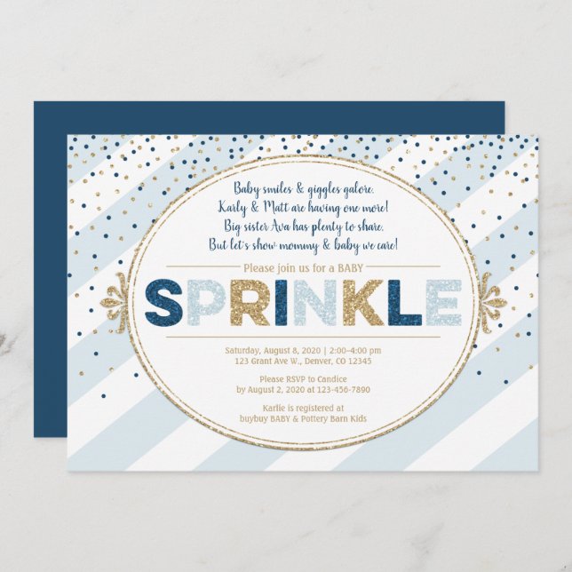 Boy baby sprinkle invitation navy blue gold stripe (Front/Back)