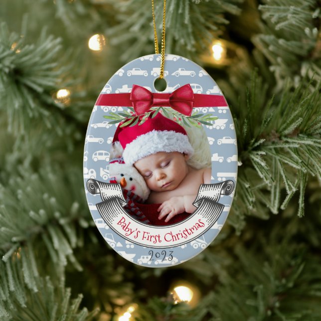 Boy Baby's First Christmas Tree Blue & Red Photo Ceramic Tree Decoration (Tree)