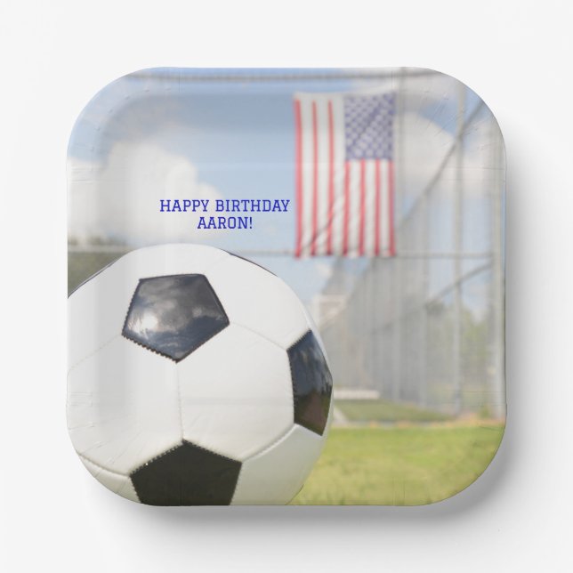 Boy  Ball on Field American Flag Soccer Birthday  Paper Plate (Front)