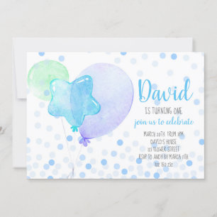 Boy Ballons Confetti Blue Cute 1st Birthday Party Invitation